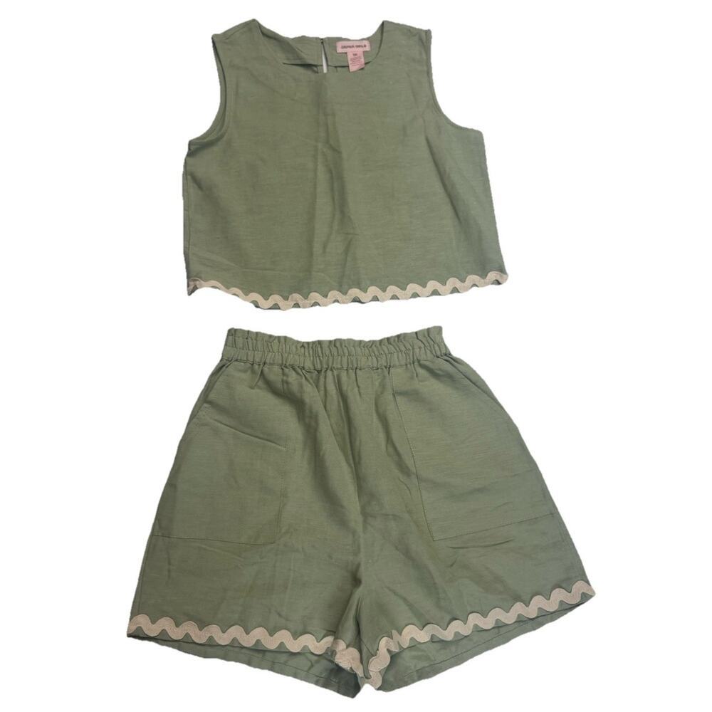 Japna Girls 2 Piece Short Set Sage Green Ric Rac Trim Size 12